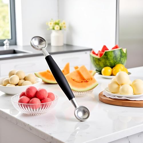 1Pc Black Double-Sided Fruit Melon Baller Spoon 2 in 1 Stainless Steel Melon Ballers Melon Scoop for Watermelon Cantaloupe Icecream Ball,18cm,Fruit and Vegetable Tools,Melon Ballers,Kitchen - Thumbnail 4