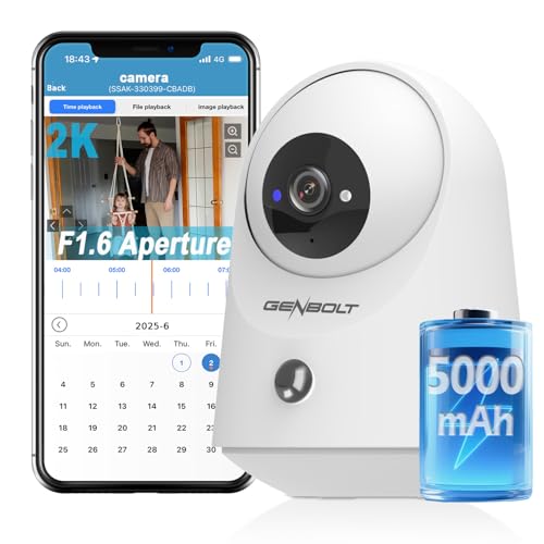 GENBOLT 2K Camara Vigilancia WiFi Interior Sin Cable con Batería 5000mAh, Pan/Tilt Camara Vigilancia Bateria, Detección De PIR, Bebé/Animal/Seguridad para El Hogar, Conexión Bluetooth