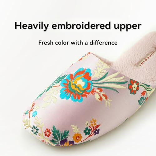 Silk Embroidered Slippers Women Retro Brocade Upper Mesh and Fuzzy Lining Anti-Slip Soles Indoor Slippers4