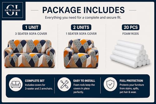 Image of Gifts Island Sofa Cover 3 Seater and 2 Seater Fully Covered Universal 5 Seater Sofa Cover Non-Slip Sticky Elastic Stretchable Sofa Set Slipcover Protector for (3+1+1 Seater) (Orange Prism)