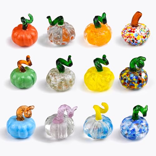 QIANCHANG 12pcs Mini Blown Glass Pumpkin Figurines Collectibles Thanksgiving Halloween Crystal Pumpkin Paperweight Fall Decorations for Home