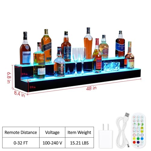 LED Lighted Liquor Bottle Display,2 Tiers 48in LED Liquor Shelf with Remote & App Control,Bottle Shelf with 16 Colors,4 Modes,Multi-Color Lighting Modes for Bars