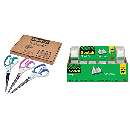 Scotch Precision Ultra Edge Scissors, 8 Inch, 3-Pack (1458-3AMZ-ESF) & Magic Tape, 6 Rolls, Numerous Applications, Invisible, Engineered for Repairing, 3/4 x 650 Inches, Boxed (6122)