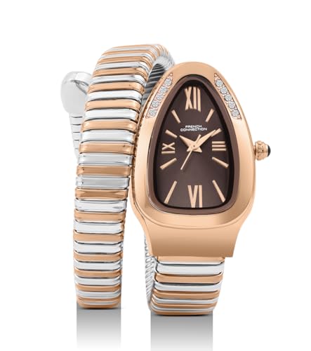Image of French Connection Eternelle Curve | Brown Dial with Rose Gold Case | Flexible Wrap Bracelet Strap | Crystal Accent Design | Roman Numerals Analog Watch for Women - FCN0142BRTM