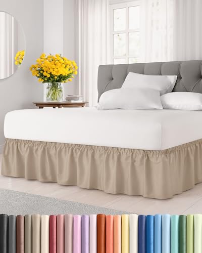 Wrap Around Dust Ruffle Bed Skirt - Cream - for King Size Beds with 12 Inch Drop - Easy Fit Elastic Strap - Adjustable Pleated Bedskirt w/Brushed Fabric - Wrinkle Free - for Women, Men, Kids & Teens
