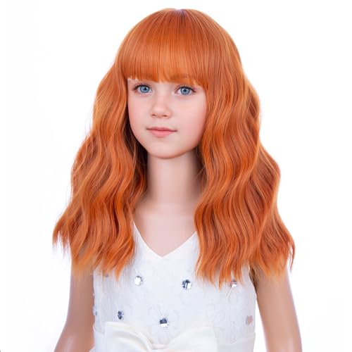 Image of PATTNIUM Kids Orange Wig Child Ginger Wig with Bangs Short Wavy Auburn Wigs for Girls Shoulder Length Heat Resistant Synthetic Wigs
