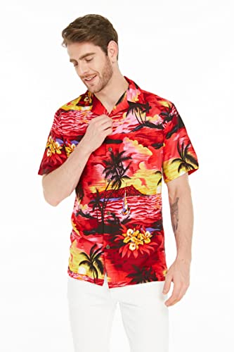 Image of Hawaii Hangover Family Matching Hawaiian Clothes, Sunset Red | Family matching Hawaiian outfits, Sunset Red, lightweight rayon, machine washable, tropical floral print, luaus, cruises