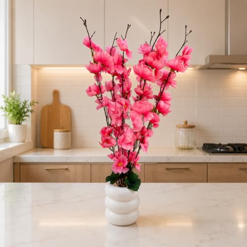 Image of Artificial Pink Flower Stems in Modern Ceramic-Style Pot Faux Blossom Arrangement for Home Decor, Living Room, Bedroom, Office Desk, Table Centerpiece & Interior Decoration