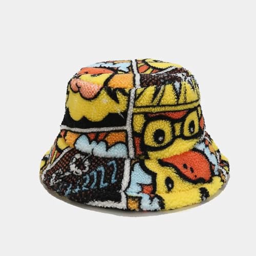 YUEZHAN Bucket Hat Hut Damen Herren Winter Cartoon Gelbe Ente Eimer Hüte Männer Frauen Hut Druck Warme Fischer Kappe 56-58Cm 23