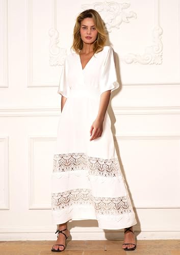 Women's Boho Maxi Dress Short Sleeve V Neck Long Flowy Dresses Smocked Waist Lace Wedding Guest Dress with Pockets2