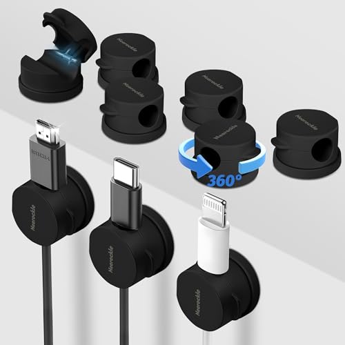 Nearockle Lot De 9 Supports De Câble [OpÉRation À Une Main] Clip De Câble À Rotatif Ressort Autocollant Pour Bureau/Mur, Organiseur De Câbles, Passe-Câble Pour Câble D'alimentation (Blanc)