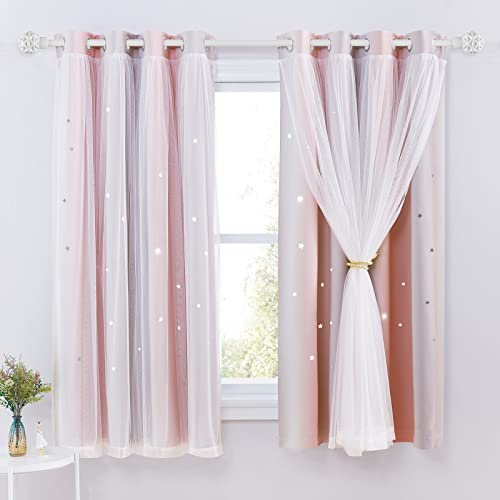 NICETOWN Kids Blackout Curtains Voile - Eyelet Top Thermal Insulated Curtains Light Blocking Filter Window Star Curtain for Kids Girls Nursery Bedroom, Grey Pink, 2 Panels, W52 x L63 Inch (132x160 cm)