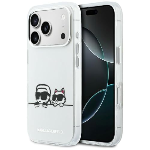 CG MOBILE Karl Lagerfeld IML Karl & Choupette Logo Guck-Guck Compatible avec MagSafe Coque pour iPhone 17 Pro Max (blanc)