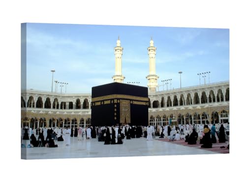 Mecca Mosque Pictures for Bedroom Muslim People Praying at Kaaba in Makkah Canvas Wall Art 1 Piece Praise Allah Home Decorations for Living Room Framed and Stretched Ready to Hang 24X36 INCH