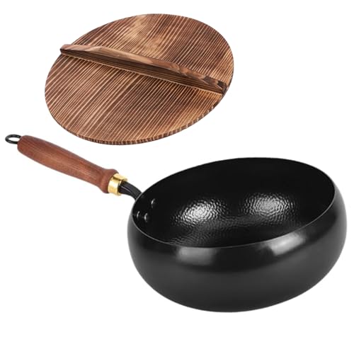 鉄鍋 中華鍋 24cm/26cm/28cm 木製蓋&ガラス蓋付属 伝統製法 鉄手作り 錆びない 化学処理無し 鉄分補給 軽量 省エネ 熱伝導良好 IHガス対応 万能鍋 木蓋 槌目鍋 26cm