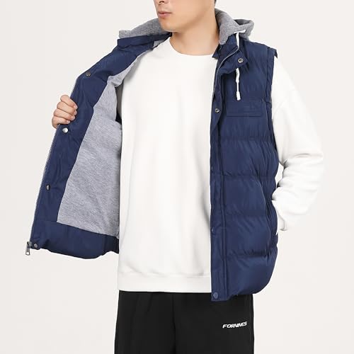 Image of Men's Winter Puffer Vest, Sleeveless Jacket with Padded and Detachable Hood - Ideal Outerwear for Cold Weather