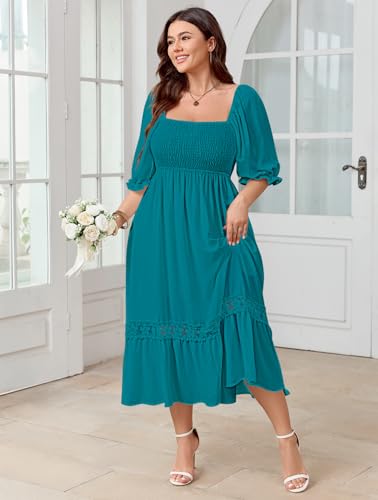 Image of SCOMCHIC Women's Plus Size Boho Maxi Dress Short Sleeve Square Neck Smocked Flowy A-Line Lace Trim Wedding Guest Dresses