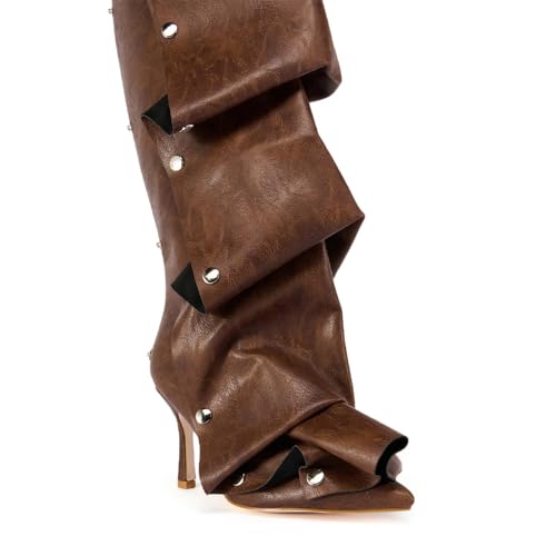 Knee High Shark Boots for Women Pointed Toe Stiletto Heel Ruched Tall Boots Snap-off Panel Fold Over Long Shoes Slouchy Fashion4