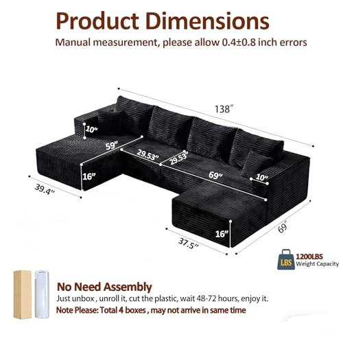 Image of 138 inch Modular Sectional Sofa,U-Shaped Cloud Couch with Deep Seats & Chaise, Upholstered Corduroy Boneless Couch for Living Room, No Need Assembly - Black (Right Facing Chaise)