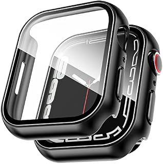 EGV [2 Pack] Hard PC Case Compatible with Apple Watch Series 8/7 45mm, Built-in Tempered Glass Screen Protector, HD Full Cover Bumper Protective [Scratch Resistant] iWatch Series 7 45mm - Black