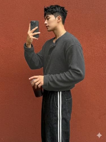 Image of Men's Textured Fabric Solid Half-Open Collar T-Shirt | Full Sleeve, Casual Shirt