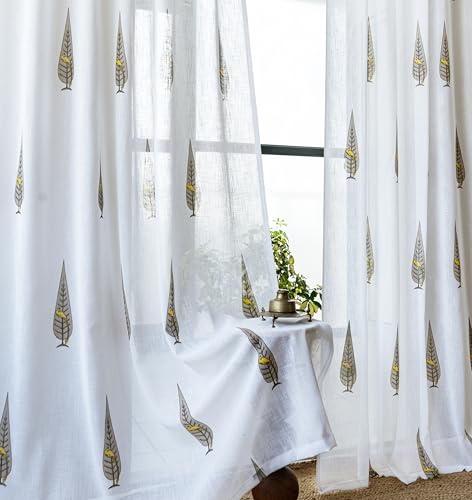 Image of Tranquebar Curtain Co. Sheer Curtains 5 Feet, Linen Textured Sheer Fabric, 20-30% Light Filtering, Yellow Ethnic Curtains Bird Print, White Sheer Curtains, BackTab Loops, Tori (152 cm) - Set of 2
