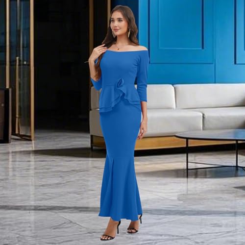 Image of Women's Elegant Formal Mermaid Maxi Dress Off Shoulder Long Sleeve Wedding Split Evening Gown Prom Cocktail Party Dresses