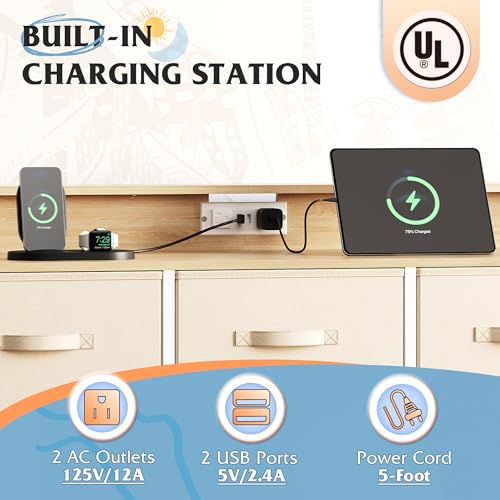 Image of WLIVE Led Dresser for Bedroom, TV Stand for Bedroom with LED Lights and Power Outlet, Wide Chest of Drawers for Hallway, 8 Fabric Drawers for Living Room and Entryway, Cream White