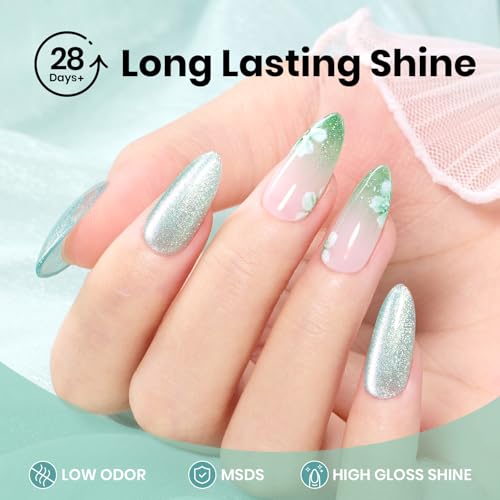 Image of Beetles Green Cat Eye Gel Polish, 15ML Mint Green Cat Eye Glitter Gel Polish with Magnet Soak Off UV Shimmer Velvet Gel Mint Stardust Series French Nail Art Design Manicure Gifts for Women
