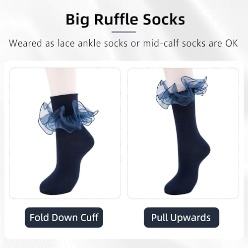 Image of Women Big Ruffle Ankle Socks Adult Double Lace Frilly Socks Fold Cuff Cotton Ruffled Dress Crew Bobby Bride Sock
