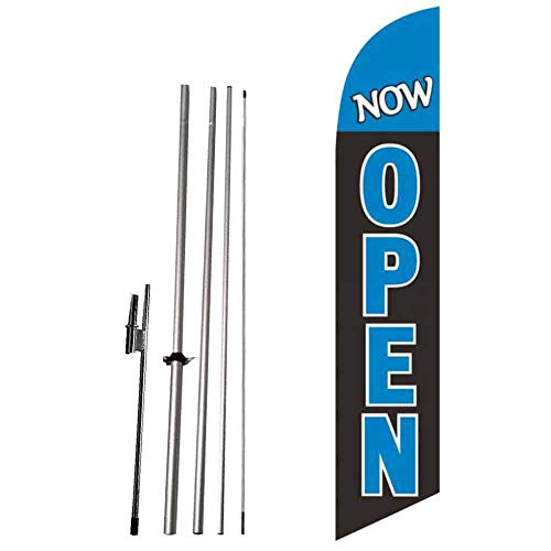 Now Open (Cyan/Black) Advertising Feather Banner Swooper Flag with complete 15ft Pole kit and Ground Spike