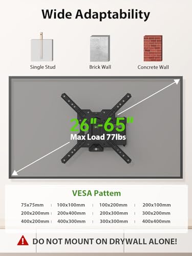 undefined USX MOUNT UL Listed Full Motion TV Mount, Swivel Articulating Tilt TV Wall Mount for 26-65 Inch LED, 4K, Wall Mount Bracket with VESA 400x400mm Up to 77lbs, Perfect Center Design -XMM006-1 の商品画像 6