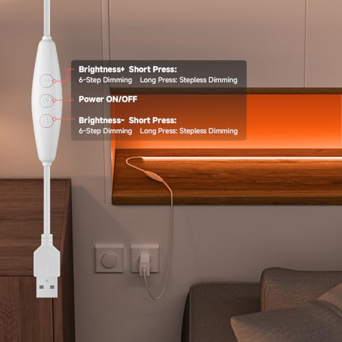 Image of 5V COB Orange Led Strip Light 6.56FT USB Powered CRI90+ LED Tape Lights with Dimmer, 8mm Width Dimmable High Density Flexible Strips for TV Under Cabinet Bedroom