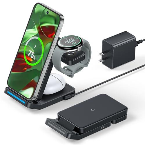 3 in 1 Foldable Wireless Charger for Google Pixel Watch 3/2(Not for Pixel Watch 4/1) Fast Charging Station Stand for Pixel 10 Pro XL/9/8/7 Pro/9a/8a/6 Pro and Buds with QC Adapter for Travel Black