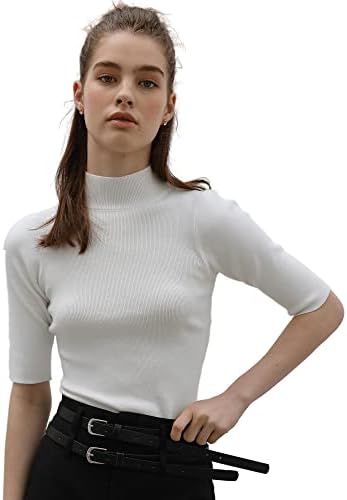 HYBERNAT Womens Pullover Sweater Short Sleeve Elastic Soft Knitwear Slim Fit Tops (as1, Alpha, s, Regular, Regular, White)