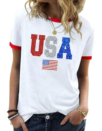 Image of Ithalt Women 4th of July Shirt Fourth of July Shirts USA Sequin Tshirt American Patriotic T-Shirt Stripes Tee Tops