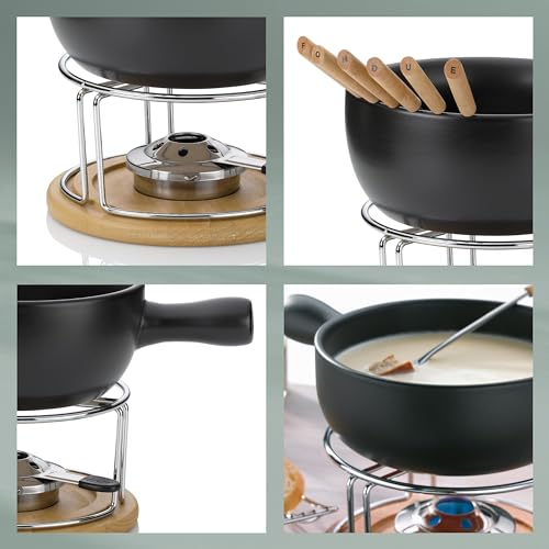Foto von kela Käsefondue Set 10tlg, Keramik Fondue für 6 Personen NATURA, Käse Fondueset mit Brennpastenhalter, Gabeln, Gabelhalter
