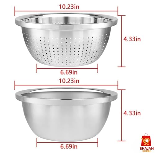 Image of 2 Pcs Stainless Steel Colander Bowl Set, Drainer Basket Basin for Washing Vegetables, Fruit Microporous Set Kitchen Strainer Vegetables Fruit, Salad, Rice, Pasta-Mixing Bowls Heavy Duty
