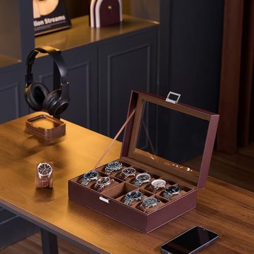 Image of ProCase Watch Box for Men, 10 Slot Mens Watch Case, Watch Storage Watch Holder Organizer for Men, Watch Display Case With Glass Lid -10 Slot, Espresso