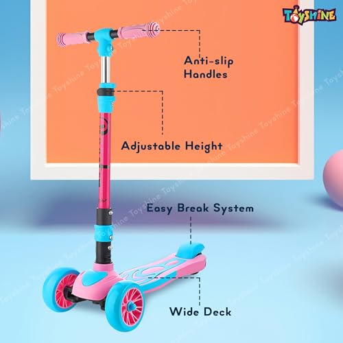 Image of Toyshine 3 Wheel Rooster Runner Scooter with Anti Slip ABS Base Aluminium Structure Height Adjustable Handlebar Max Load 45kg for Boys and Girls Ages 4 and Above - Pink
