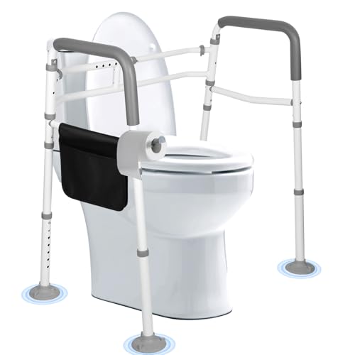 Foldable Toilet Safety Rails Height Width Adjustable Reinforced Aluminum Alloy Tube 300 LBS Anti-Fall Anti-Slip Portable Guardrail Toilet Assistance Fit for Seniors Pregnant Women & The Injured