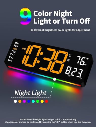 Image of 15-Inch Digital Wall Clock with Large LED Display - Remote Control, Auto-Dimming, Night Light, Date, Day, Temperature, DST Function - Ideal for Living Room, Bedroom (16 Inch Orange)