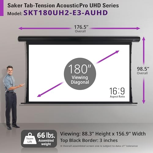 Image of Elite Screens Saker Tab-Tension AcousticPro UHD Series, 180-INCH Diag. Extra 3 inch Drop 4K /8K Ultra HD Electric Sound Transparent Perforated Weave Drop Down Front Projector Screen, SKT180UH2-E3-AUHD