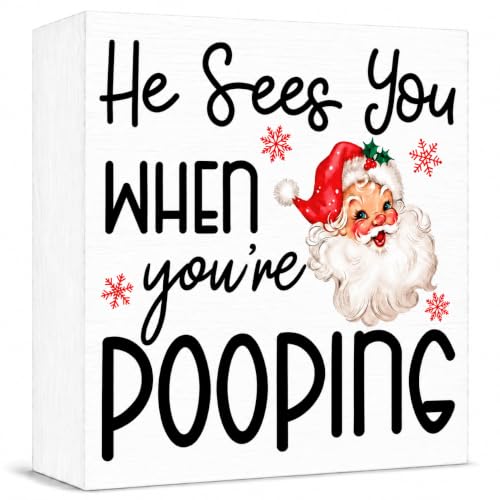 Christmas Bathroom Decor, Funny Vintage Christmas Decorations, Santa Claus Bathroom Table Decoration He Sees You When You're Pooping Wooden Box Sign, Home Shelf Desk Decor for Toilet 5x5 Inches