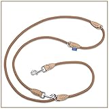 PROFTI Hundeleine aus Nylon, Lederelemente, 4fach verstellbar, große/kleine Hunde, 230cm lang, robust/schwer, Braun