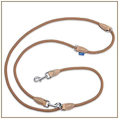 PROFTI Hundeleine aus Nylon, Lederelemente, 4fach verstellbar, große/kleine Hunde, 230cm lang, robust/schwer, Braun