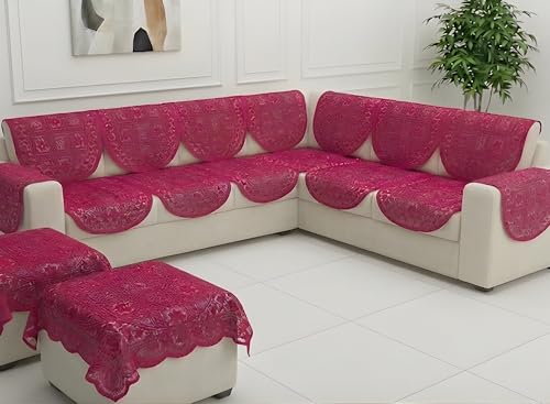 Image of Fab Nation Sofa Cover L Shape 7 Seater with Corner L Type Fully Covered Sofa Set for Living Room | Cotton Sofa Slipcovers for 4 + 3 Seaters Cover with 2 Arms + 2 Setty Covers | Red