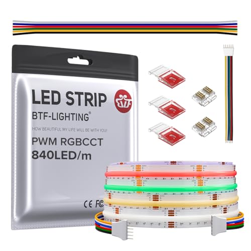 BTF-LIGHTING FCOB RGB+CCT Flexible Hohe Dichte LED-Streifen FCOB COB+RGBCCT LED Strip 3M 840LED/M DC24V 18W/M IP30 für TV Zimmer Party DIY Heimdekoration(Nicht inhalt Controller&Netzteil)