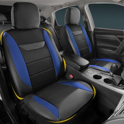 kingphenix 2 Pack Front Memory Foam Leather Car Seat Covers, Breathable 4D Mesh, Easy Install Automotive Seat Protectors, Airbag Compatible, Universal Fit for Cars, Trucks, Vans, SUV - Blue