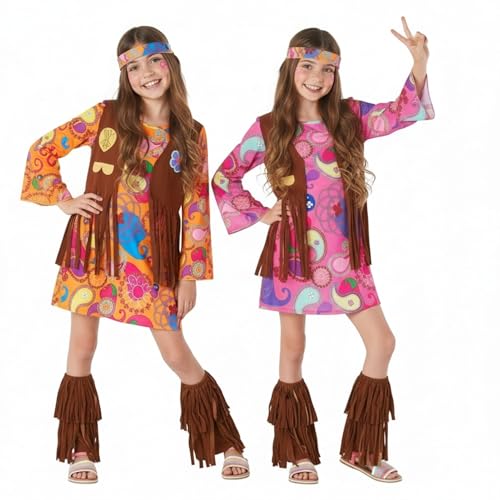 Morph Hippie Kostüm Kinder Mädchen, Hippie Kostüm Mädchen, Hippy Kostum Kinder, Cowgirl Kostum, Faschingskostüme Kind, Karneval Kostüm Kind, 7-9 Jahre
